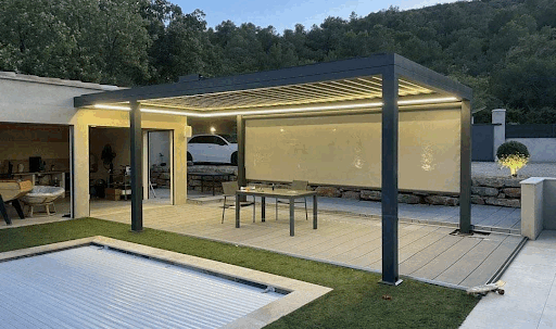 Motorised roller Blind floating pergola by pool Cape Town Weather